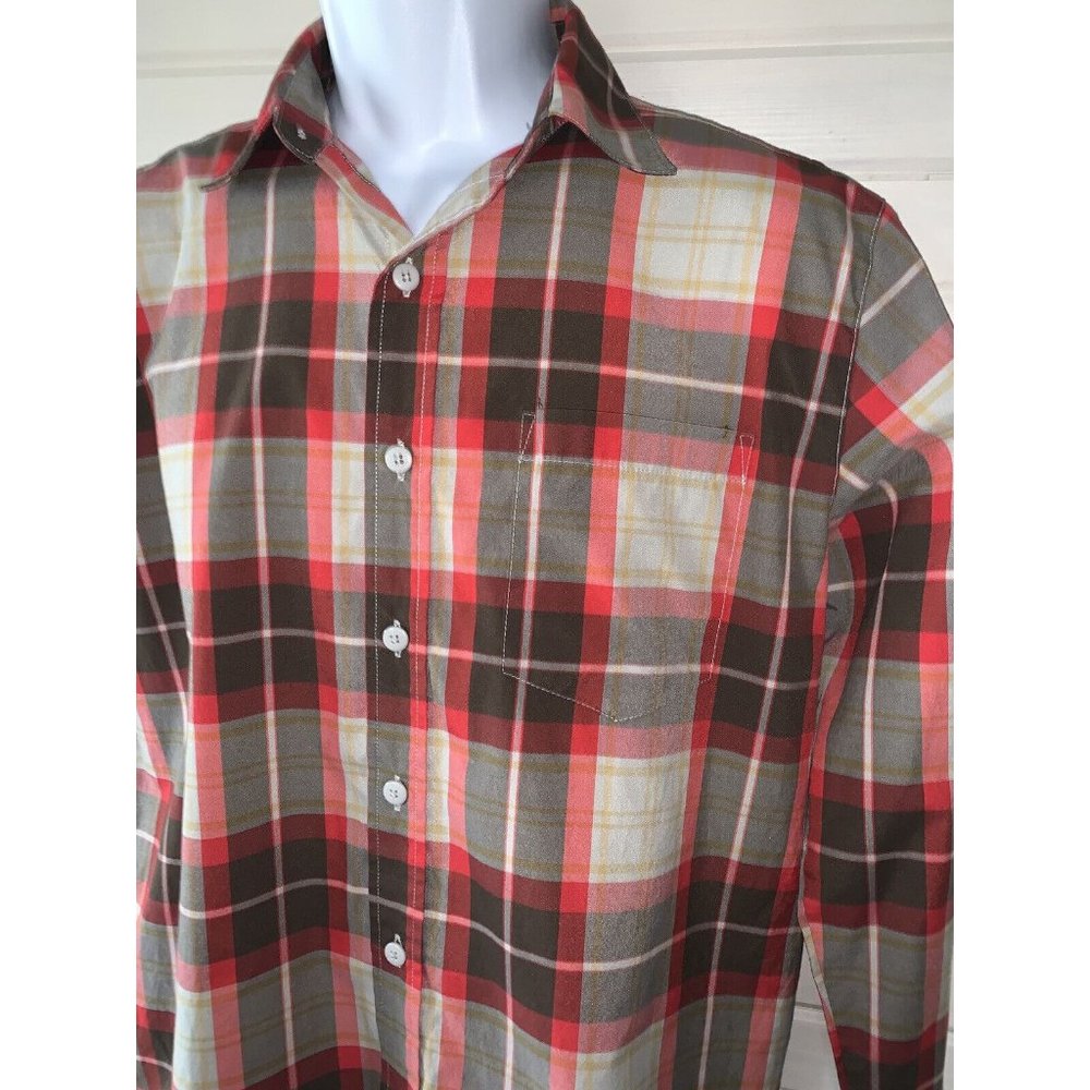 RETROFIT Mens Sz MEDIUM Plaid Red Brown Button Down Shirt Cotton Blend EUC